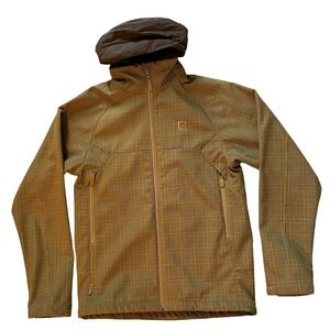 Burton Mens Brown Tan Plaid Full Zip Fleece Lined Packable Hood Jacket - Size M